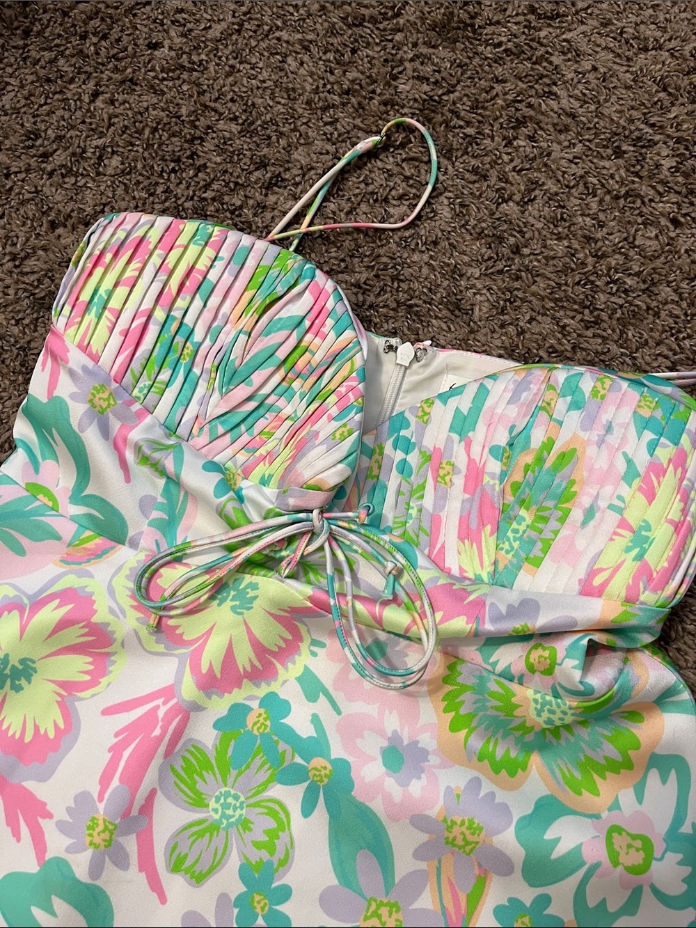 For Love & Lemons Pastel Floral Asymmetrical Slip Dress in Pink, Green, Teal - Picture 2 of 4